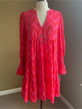 Tuckernuck Pomander Place Hot Pink Ikat Kenzo Tiered V-Neck Dress Size Medium